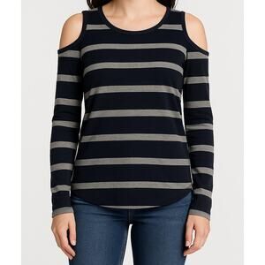 Cable & Gauge Small Long Sleeve Cold Shoulder Black Tan Shirt